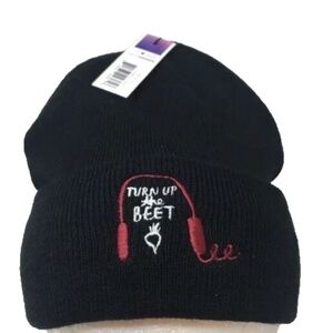 (NWT) Twelve NYC Women's Black "Turn Up The Beet" Stretchable Knit Beanie Hat OS